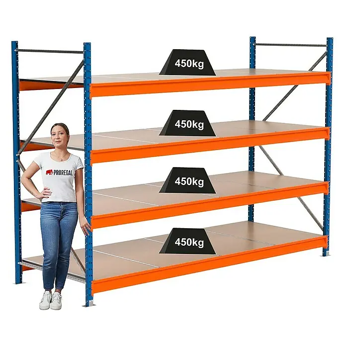 Proregal Schwerlastregal Industrie Weitspannregal MAXIMUS Pro - H x B x T: 200 x 285 x 100 cm, Traglast pro Boden: 450 kg, Anzahl Böden: 4 Stk., Stecken, Blau/Orange