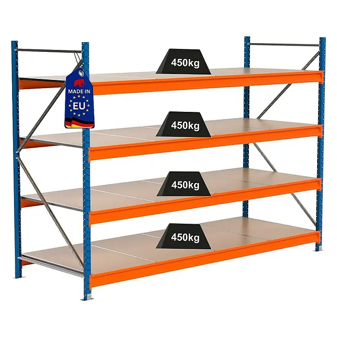 Proregal Schwerlastregal Industrie Weitspannregal MAXIMUS Pro - H x B x T: 200 x 285 x 100 cm, Traglast pro Boden: 450 kg, Anzahl Böden: 4 Stk., Stecken, Blau/Orange