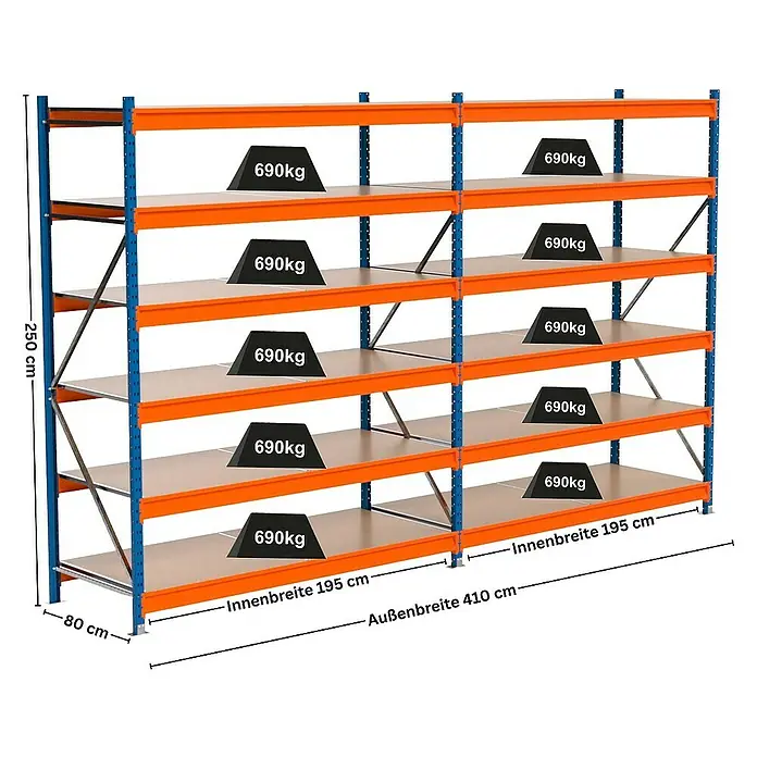 Proregal Schwerlastregal Industrie Weitspannregal MAXIMUS Pro - H x B x T: 250 x 410 x 80 cm, Traglast pro Boden: 690 kg, Anzahl Böden: 6 Stk., Stecken, Blau/Orange