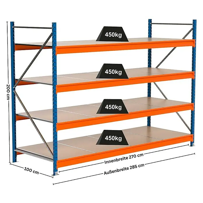Proregal Schwerlastregal Industrie Weitspannregal MAXIMUS Pro - H x B x T: 200 x 285 x 100 cm, Traglast pro Boden: 450 kg, Anzahl Böden: 4 Stk., Stecken, Blau/Orange
