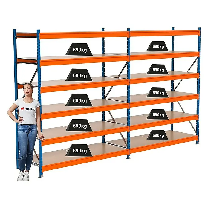 Proregal Schwerlastregal Industrie Weitspannregal MAXIMUS Pro - H x B x T: 250 x 410 x 80 cm, Traglast pro Boden: 690 kg, Anzahl Böden: 6 Stk., Stecken, Blau/Orange