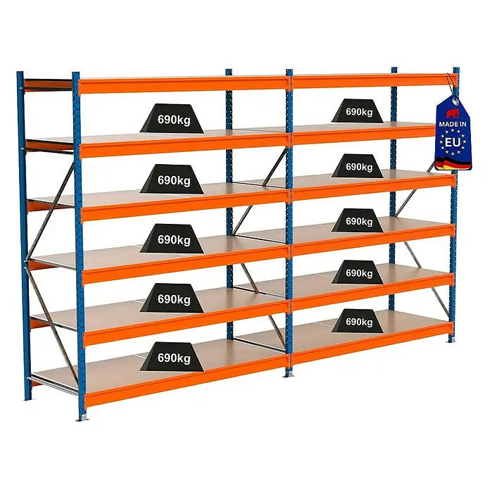 Proregal Schwerlastregal Industrie Weitspannregal MAXIMUS Pro - H x B x T: 250 x 410 x 80 cm, Traglast pro Boden: 690 kg, Anzahl Böden: 6 Stk., Stecken, Blau/Orange