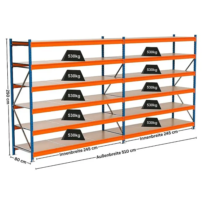 Proregal Schwerlastregal Industrie Weitspannregal MAXIMUS Pro - H x B x T: 250 x 510 x 80 cm, Traglast pro Boden: 530 kg, Anzahl Böden: 6 Stk., Stecken, Blau/Orange