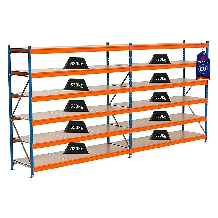 Proregal Schwerlastregal Industrie Weitspannregal MAXIMUS Pro - H x B x T: 250 x 510 x 80 cm, Traglast pro Boden: 530 kg, Anzahl Böden: 6 Stk., Stecken, Blau/Orange