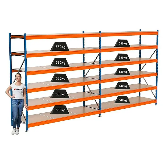 Proregal Schwerlastregal Industrie Weitspannregal MAXIMUS Pro - H x B x T: 250 x 510 x 80 cm, Traglast pro Boden: 530 kg, Anzahl Böden: 6 Stk., Stecken, Blau/Orange