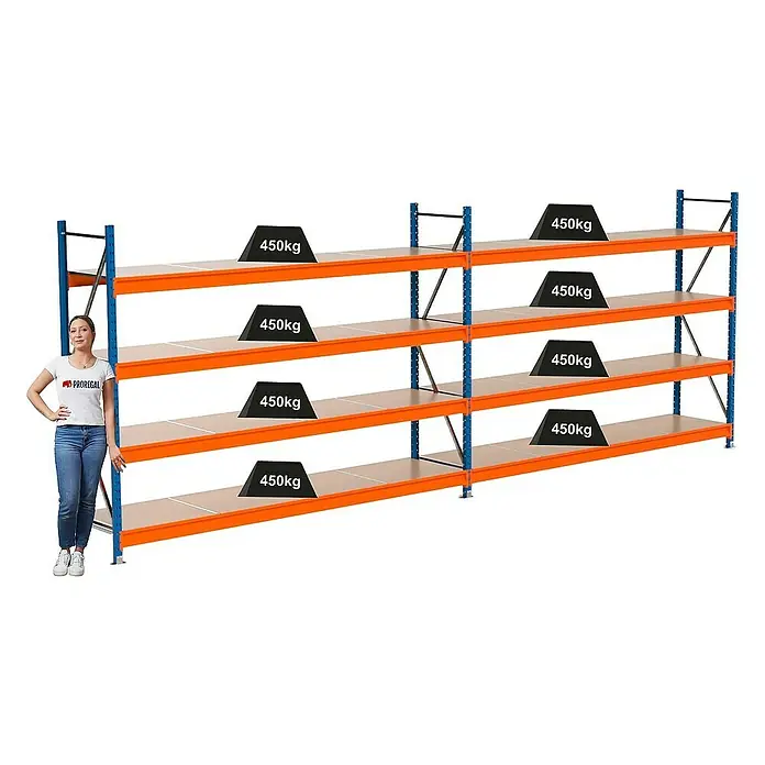 Proregal Schwerlastregal Industrie Weitspannregal MAXIMUS Pro - H x B x T: 200 x 560 x 60 cm, Traglast pro Boden: 450 kg, Anzahl Böden: 4 Stk., Stecken, Blau/Orange