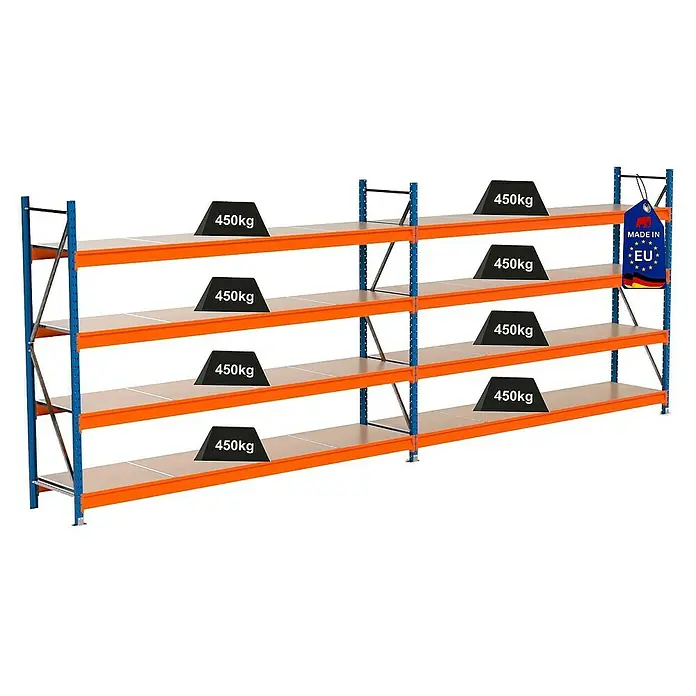 Proregal Schwerlastregal Industrie Weitspannregal MAXIMUS Pro - H x B x T: 200 x 560 x 60 cm, Traglast pro Boden: 450 kg, Anzahl Böden: 4 Stk., Stecken, Blau/Orange