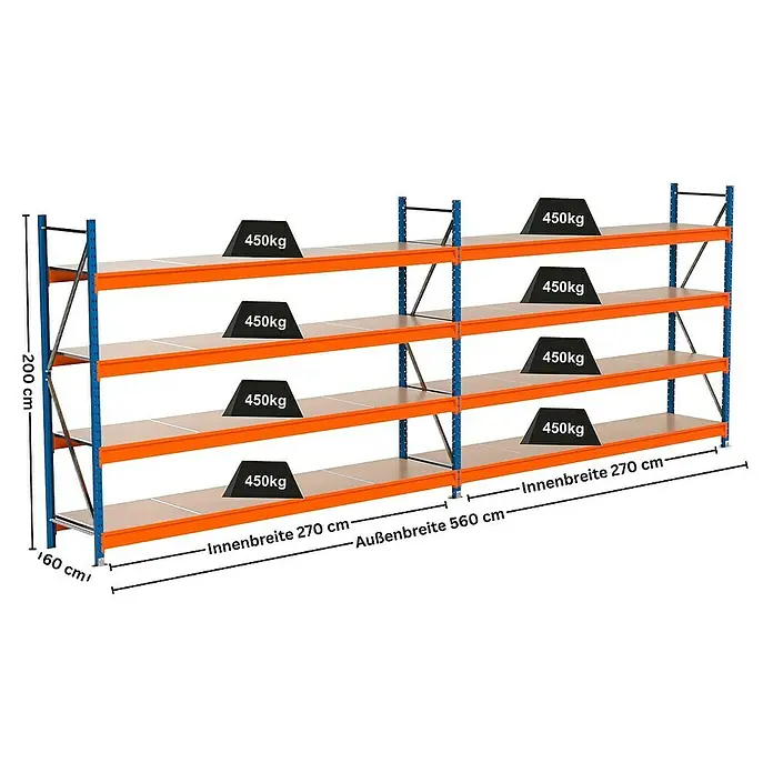 Proregal Schwerlastregal Industrie Weitspannregal MAXIMUS Pro - H x B x T: 200 x 560 x 60 cm, Traglast pro Boden: 450 kg, Anzahl Böden: 4 Stk., Stecken, Blau/Orange