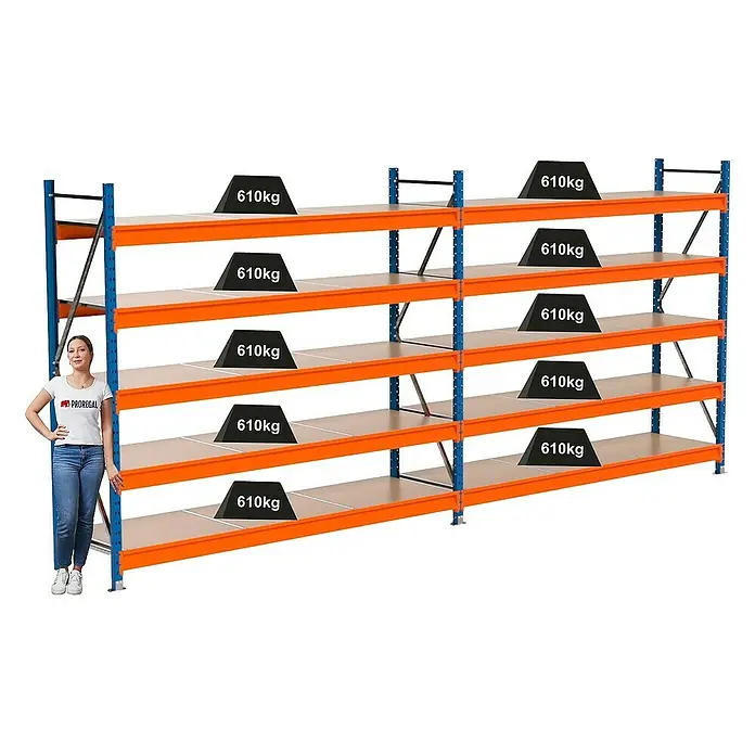 Proregal Schwerlastregal Industrie Weitspannregal MAXIMUS Pro - H x B x T: 200 x 460 x 60 cm, Traglast pro Boden: 610 kg, Anzahl Böden: 5 Stk., Stecken, Blau/Orange