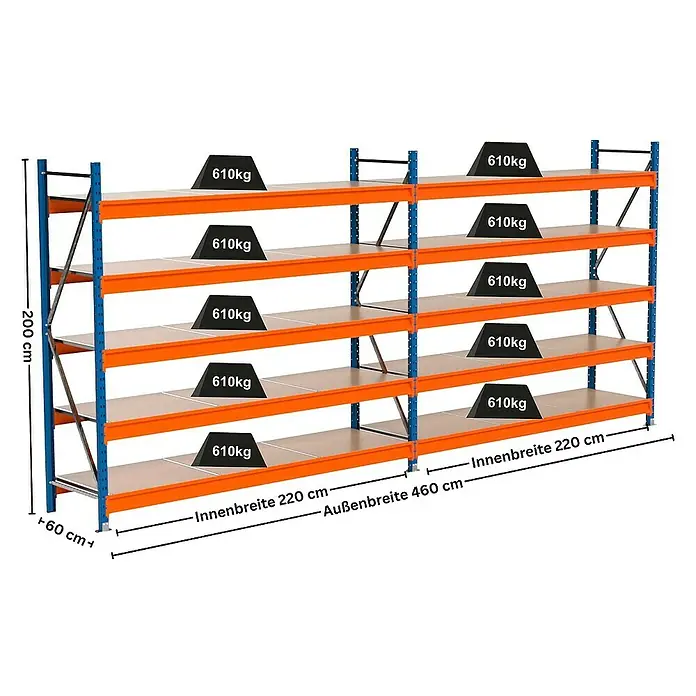 Proregal Schwerlastregal Industrie Weitspannregal MAXIMUS Pro - H x B x T: 200 x 460 x 60 cm, Traglast pro Boden: 610 kg, Anzahl Böden: 5 Stk., Stecken, Blau/Orange