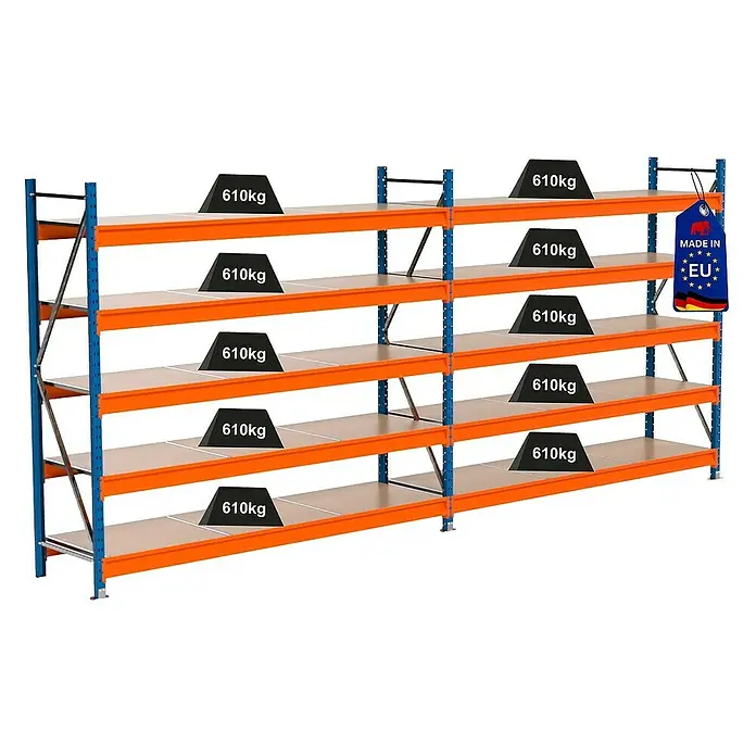 Proregal Schwerlastregal Industrie Weitspannregal MAXIMUS Pro - H x B x T: 200 x 460 x 60 cm, Traglast pro Boden: 610 kg, Anzahl Böden: 5 Stk., Stecken, Blau/Orange