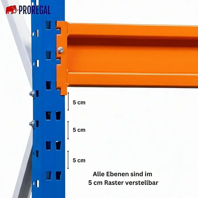 Proregal Schwerlastregal Industrie Weitspannregal MAXIMUS Pro - H x B x T: 200 x 410 x 100 cm, Traglast pro Boden: 690 kg, Anzahl Böden: 3 Stk., Stecken, Blau/Orange