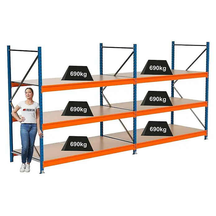 Proregal Schwerlastregal Industrie Weitspannregal MAXIMUS Pro - H x B x T: 200 x 410 x 100 cm, Traglast pro Boden: 690 kg, Anzahl Böden: 3 Stk., Stecken, Blau/Orange