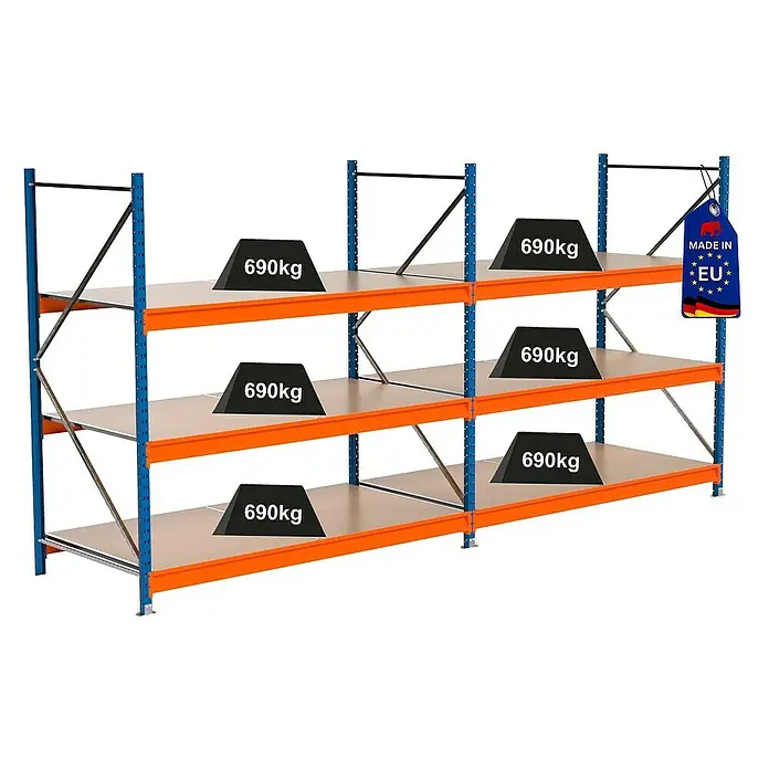 Proregal Schwerlastregal Industrie Weitspannregal MAXIMUS Pro - H x B x T: 200 x 410 x 100 cm, Traglast pro Boden: 690 kg, Anzahl Böden: 3 Stk., Stecken, Blau/Orange