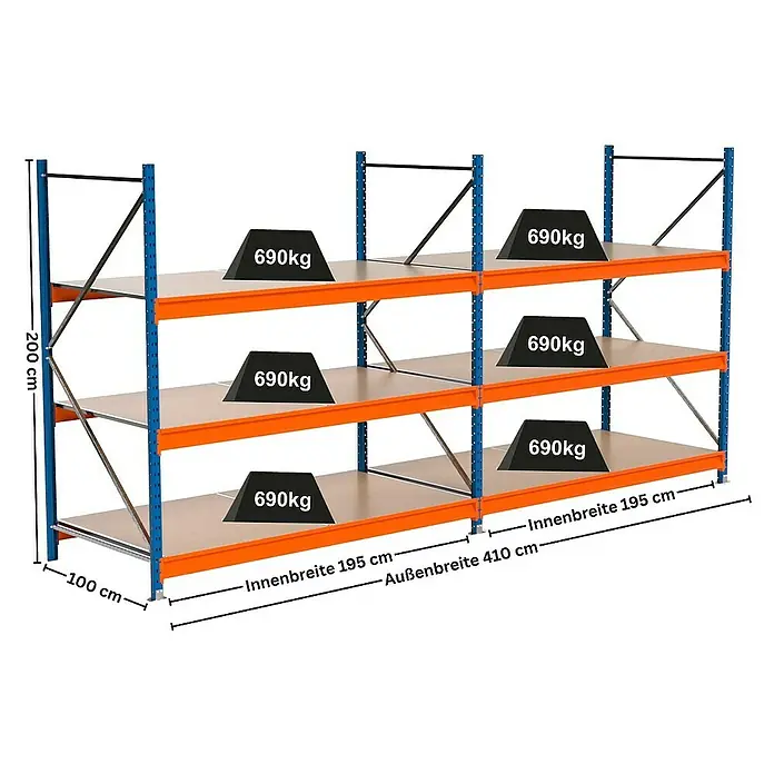 Proregal Schwerlastregal Industrie Weitspannregal MAXIMUS Pro - H x B x T: 200 x 410 x 100 cm, Traglast pro Boden: 690 kg, Anzahl Böden: 3 Stk., Stecken, Blau/Orange