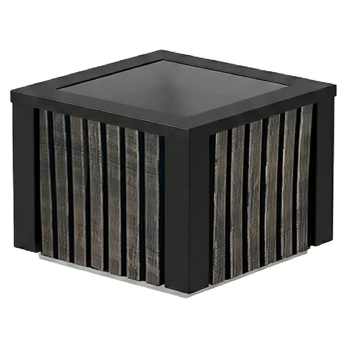 Roto Pflanzkasten Balboa - Kunststoff, Chocobronze - Quadratischer Pflanzkübel aus dunklem Metall mit vertikalen Holzlatten und dunklem Einsatz oben.