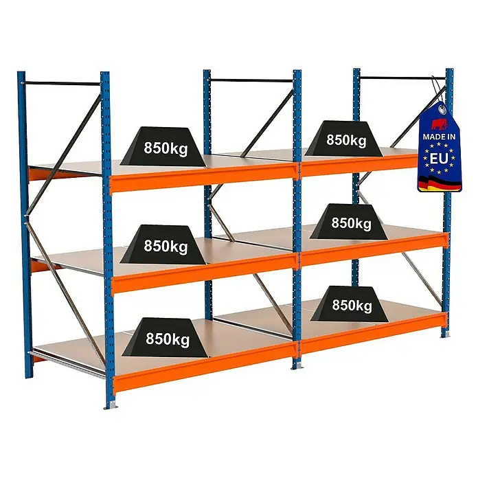 Proregal Schwerlastregal Industrie Weitspannregal MAXIMUS Pro - H x B x T: 200 x 310 x 100 cm, Traglast pro Boden: 850 kg, Anzahl Böden: 3 Stk., Stecken, Blau/Orange