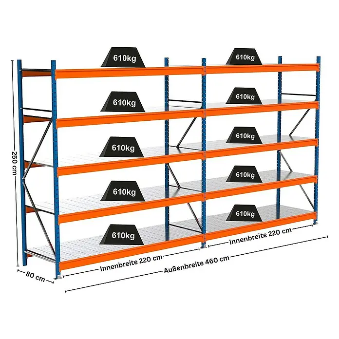 Proregal Schwerlastregal Industrie Weitspannregal MAXIMUS Pro - H x B x T: 250 x 460 x 80 cm, Traglast pro Boden: 610 kg, Anzahl Böden: 5 Stk., Stecken, Blau/Orange