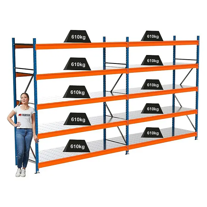 Proregal Schwerlastregal Industrie Weitspannregal MAXIMUS Pro - H x B x T: 250 x 460 x 80 cm, Traglast pro Boden: 610 kg, Anzahl Böden: 5 Stk., Stecken, Blau/Orange