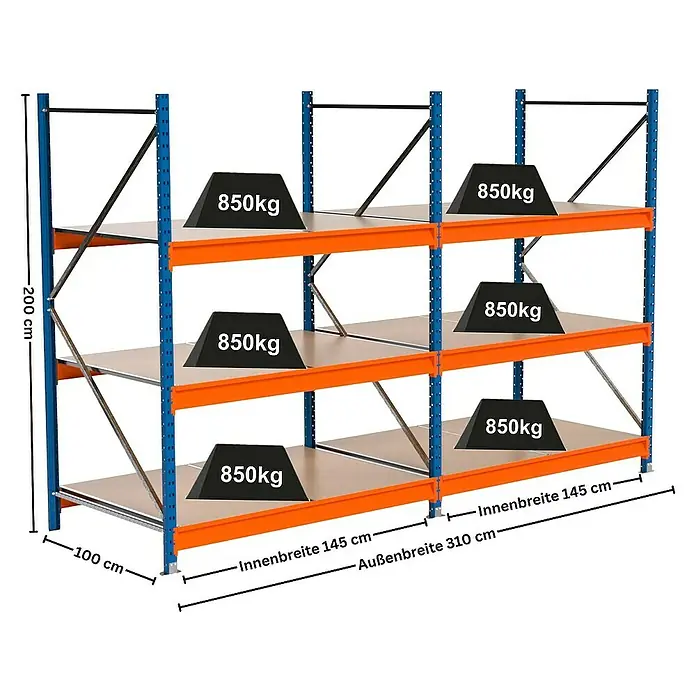 Proregal Schwerlastregal Industrie Weitspannregal MAXIMUS Pro - H x B x T: 200 x 310 x 100 cm, Traglast pro Boden: 850 kg, Anzahl Böden: 3 Stk., Stecken, Blau/Orange
