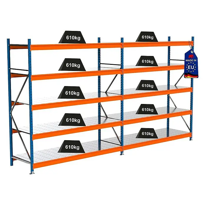 Proregal Schwerlastregal Industrie Weitspannregal MAXIMUS Pro - H x B x T: 250 x 460 x 80 cm, Traglast pro Boden: 610 kg, Anzahl Böden: 5 Stk., Stecken, Blau/Orange