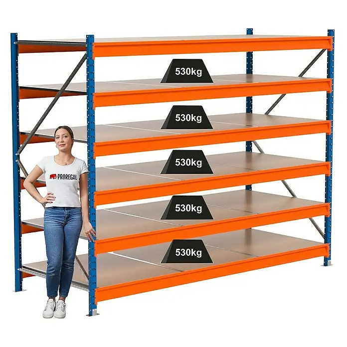 Proregal Schwerlastregal Industrie Weitspannregal MAXIMUS Pro - H x B x T: 200 x 260 x 100 cm, Traglast pro Boden: 530 kg, Anzahl Böden: 6 Stk., Stecken, Blau/Orange