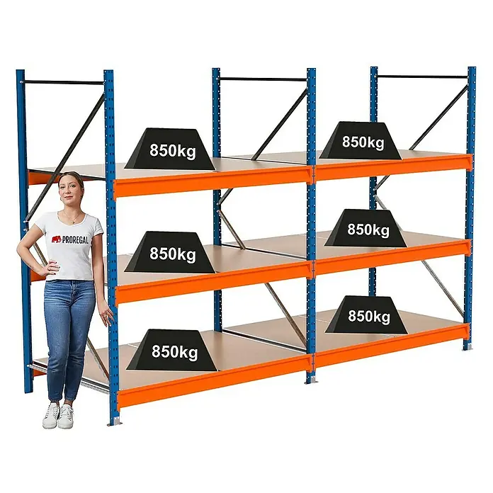 Proregal Schwerlastregal Industrie Weitspannregal MAXIMUS Pro - H x B x T: 200 x 310 x 100 cm, Traglast pro Boden: 850 kg, Anzahl Böden: 3 Stk., Stecken, Blau/Orange