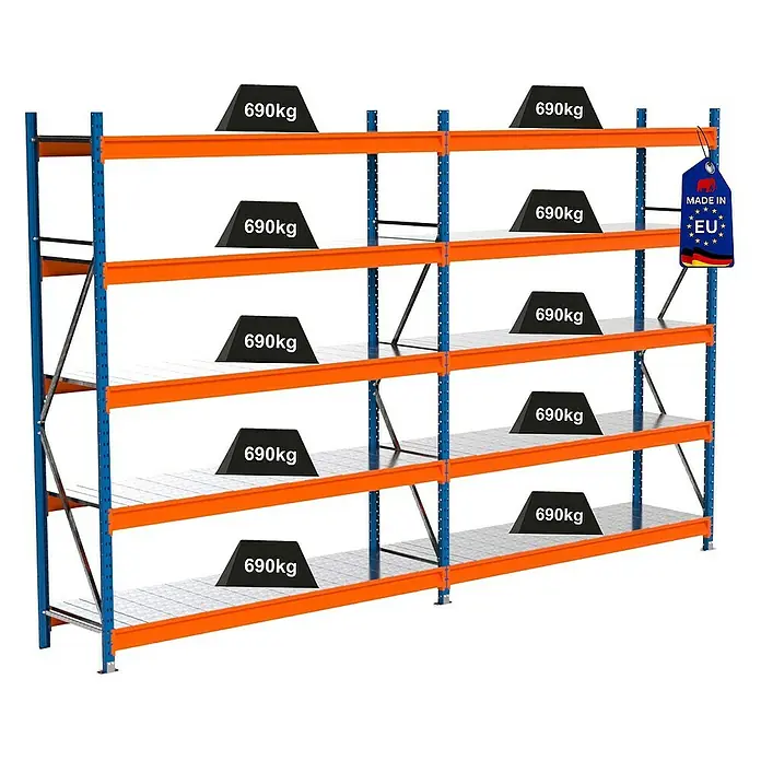Proregal Schwerlastregal Industrie Weitspannregal MAXIMUS Pro - H x B x T: 250 x 410 x 60 cm, Traglast pro Boden: 690 kg, Anzahl Böden: 5 Stk., Stecken, Blau/Orange