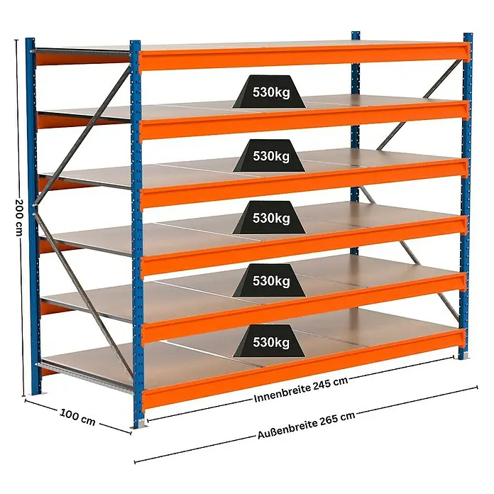 Proregal Schwerlastregal Industrie Weitspannregal MAXIMUS Pro - H x B x T: 200 x 260 x 100 cm, Traglast pro Boden: 530 kg, Anzahl Böden: 6 Stk., Stecken, Blau/Orange