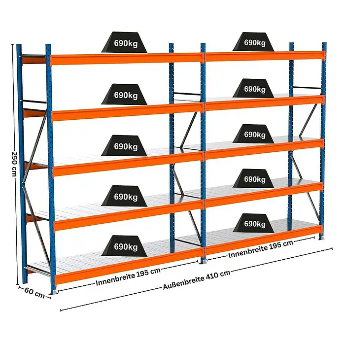 Proregal Schwerlastregal Industrie Weitspannregal MAXIMUS Pro - H x B x T: 250 x 410 x 60 cm, Traglast pro Boden: 690 kg, Anzahl Böden: 5 Stk., Stecken, Blau/Orange