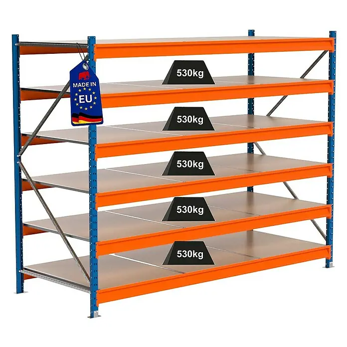 Proregal Schwerlastregal Industrie Weitspannregal MAXIMUS Pro - H x B x T: 200 x 260 x 100 cm, Traglast pro Boden: 530 kg, Anzahl Böden: 6 Stk., Stecken, Blau/Orange
