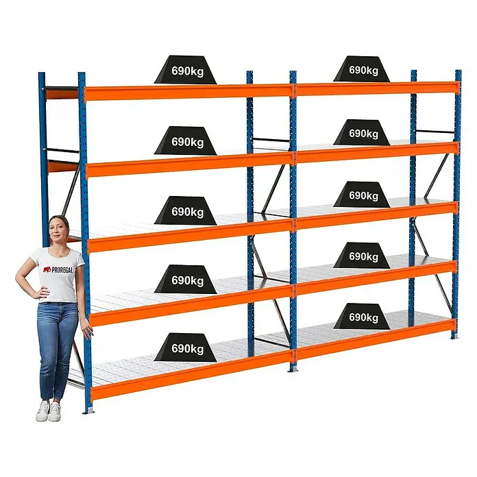 Proregal Schwerlastregal Industrie Weitspannregal MAXIMUS Pro - H x B x T: 250 x 410 x 60 cm, Traglast pro Boden: 690 kg, Anzahl Böden: 5 Stk., Stecken, Blau/Orange
