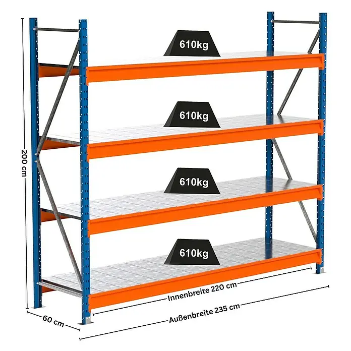 Proregal Schwerlastregal Industrie Weitspannregal MAXIMUS Pro - H x B x T: 200 x 235 x 60 cm, Traglast pro Boden: 610 kg, Anzahl Böden: 4 Stk., Stecken, Blau/Orange