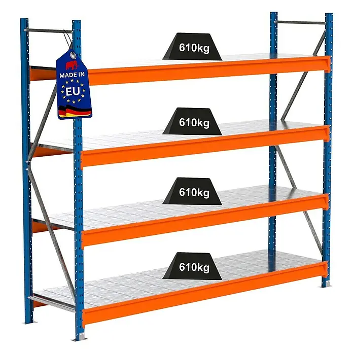 Proregal Schwerlastregal Industrie Weitspannregal MAXIMUS Pro - H x B x T: 200 x 235 x 60 cm, Traglast pro Boden: 610 kg, Anzahl Böden: 4 Stk., Stecken, Blau/Orange