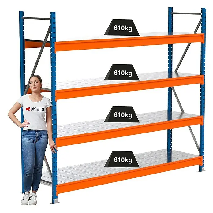 Proregal Schwerlastregal Industrie Weitspannregal MAXIMUS Pro - H x B x T: 200 x 235 x 60 cm, Traglast pro Boden: 610 kg, Anzahl Böden: 4 Stk., Stecken, Blau/Orange