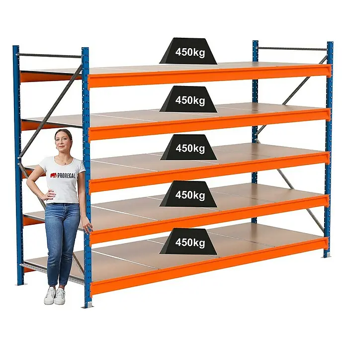 Proregal Schwerlastregal Industrie Weitspannregal MAXIMUS Pro - H x B x T: 200 x 285 x 100 cm, Traglast pro Boden: 450 kg, Anzahl Böden: 5 Stk., Stecken, Blau/Orange