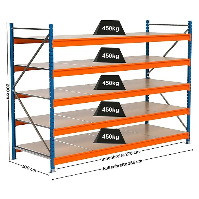 Proregal Schwerlastregal Industrie Weitspannregal MAXIMUS Pro - H x B x T: 200 x 285 x 100 cm, Traglast pro Boden: 450 kg, Anzahl Böden: 5 Stk., Stecken, Blau/Orange