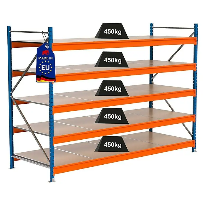Proregal Schwerlastregal Industrie Weitspannregal MAXIMUS Pro - H x B x T: 200 x 285 x 100 cm, Traglast pro Boden: 450 kg, Anzahl Böden: 5 Stk., Stecken, Blau/Orange