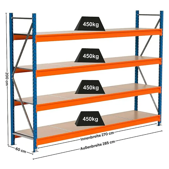 Proregal Schwerlastregal Industrie Weitspannregal MAXIMUS Pro - H x B x T: 200 x 285 x 60 cm, Traglast pro Boden: 450 kg, Anzahl Böden: 4 Stk., Stecken, Blau/Orange