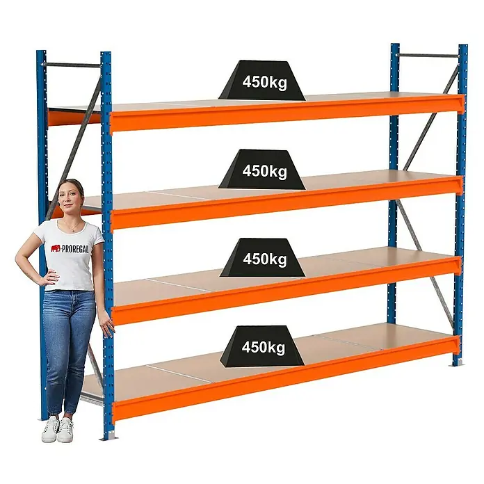 Proregal Schwerlastregal Industrie Weitspannregal MAXIMUS Pro - H x B x T: 200 x 285 x 60 cm, Traglast pro Boden: 450 kg, Anzahl Böden: 4 Stk., Stecken, Blau/Orange