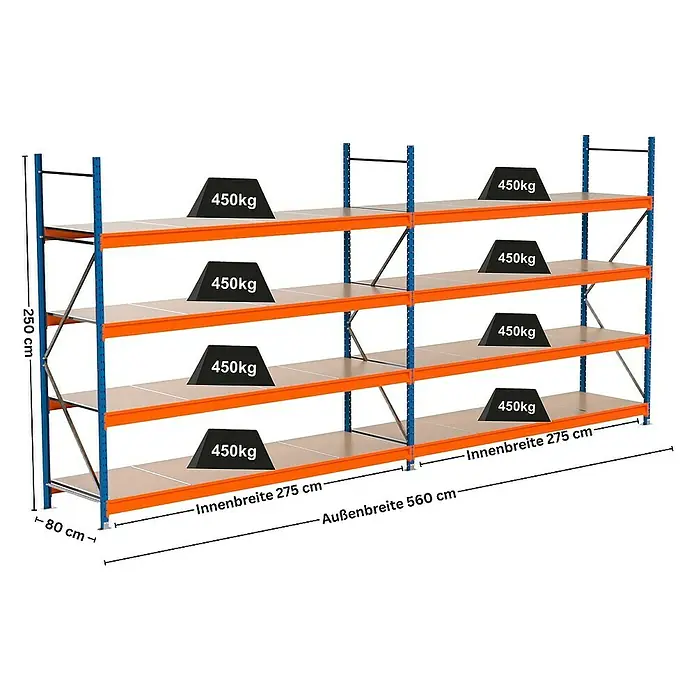 Proregal Schwerlastregal Industrie Weitspannregal MAXIMUS Pro - H x B x T: 250 x 560 x 80 cm, Traglast pro Boden: 450 kg, Anzahl Böden: 4 Stk., Stecken, Blau/Orange