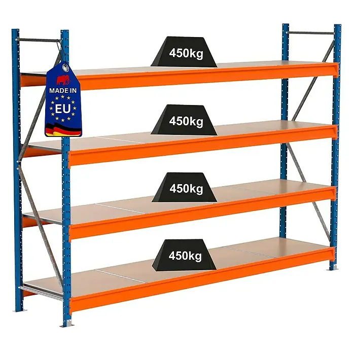Proregal Schwerlastregal Industrie Weitspannregal MAXIMUS Pro - H x B x T: 200 x 285 x 60 cm, Traglast pro Boden: 450 kg, Anzahl Böden: 4 Stk., Stecken, Blau/Orange