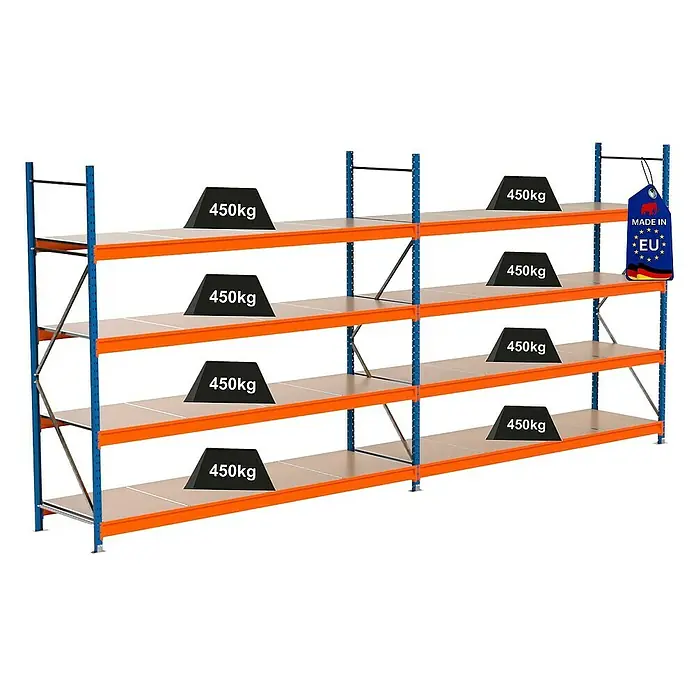 Proregal Schwerlastregal Industrie Weitspannregal MAXIMUS Pro - H x B x T: 250 x 560 x 80 cm, Traglast pro Boden: 450 kg, Anzahl Böden: 4 Stk., Stecken, Blau/Orange