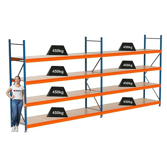 Proregal Schwerlastregal Industrie Weitspannregal MAXIMUS Pro - H x B x T: 250 x 560 x 80 cm, Traglast pro Boden: 450 kg, Anzahl Böden: 4 Stk., Stecken, Blau/Orange