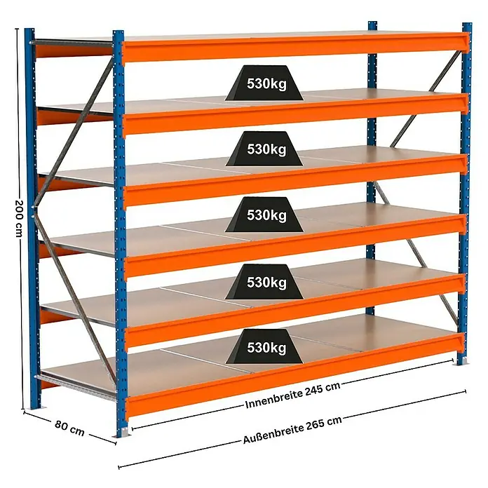 Proregal Schwerlastregal Industrie Weitspannregal MAXIMUS Pro - H x B x T: 200 x 260 x 80 cm, Traglast pro Boden: 530 kg, Anzahl Böden: 6 Stk., Stecken, Blau/Orange