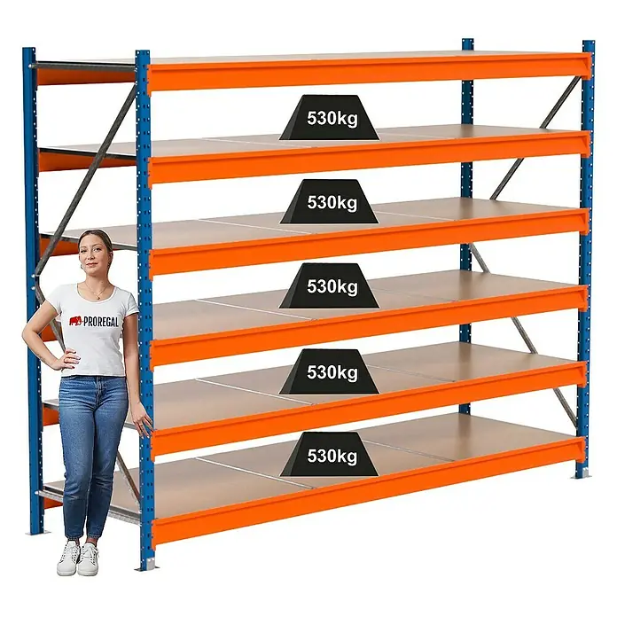 Proregal Schwerlastregal Industrie Weitspannregal MAXIMUS Pro - H x B x T: 200 x 260 x 80 cm, Traglast pro Boden: 530 kg, Anzahl Böden: 6 Stk., Stecken, Blau/Orange