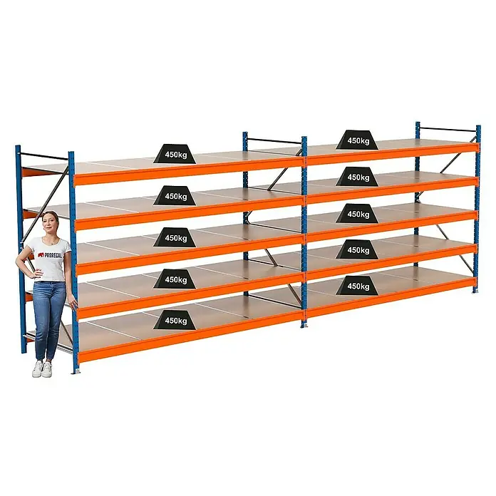 Proregal Schwerlastregal Industrie Weitspannregal MAXIMUS Pro - H x B x T: 200 x 560 x 100 cm, Traglast pro Boden: 450 kg, Anzahl Böden: 5 Stk., Stecken, Blau/Orange