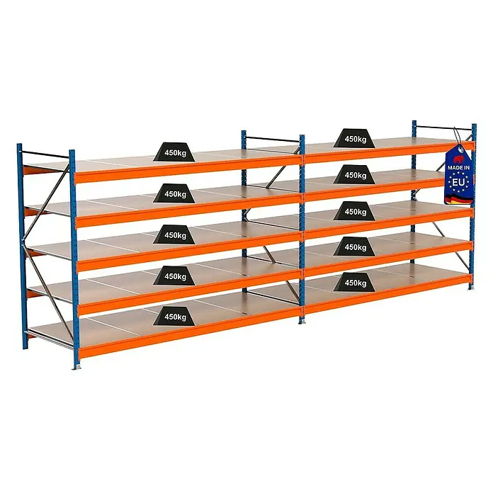 Proregal Schwerlastregal Industrie Weitspannregal MAXIMUS Pro - H x B x T: 200 x 560 x 100 cm, Traglast pro Boden: 450 kg, Anzahl Böden: 5 Stk., Stecken, Blau/Orange