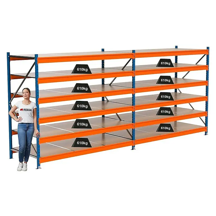 Proregal Schwerlastregal Industrie Weitspannregal MAXIMUS Pro - H x B x T: 200 x 460 x 100 cm, Traglast pro Boden: 610 kg, Anzahl Böden: 6 Stk., Stecken, Blau/Orange