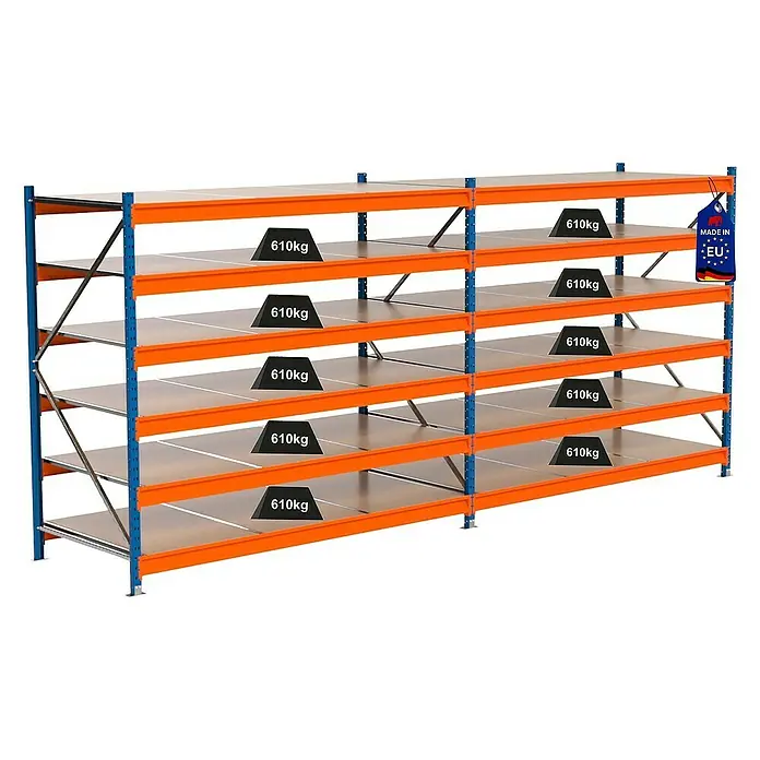 Proregal Schwerlastregal Industrie Weitspannregal MAXIMUS Pro - H x B x T: 200 x 460 x 100 cm, Traglast pro Boden: 610 kg, Anzahl Böden: 6 Stk., Stecken, Blau/Orange